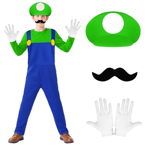 BSBUY Costume de Héros d'enfance pour Enfant Adulte, Super Brothers Enfant, Ensemble de Mario Luigi-Bros Costume de Cosplay avec Pantalon, Barbe, Gants, Costume de Plombier Super Brothers Unisexe