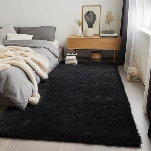 Zentavio Black Area Rugs for Living Room Bedroom 4x6 Men Room Carpet Fluffy Furry Shag Aesthetic Plush High Pile Floor Rug for Nursery Kids Room Dorm Home Decor