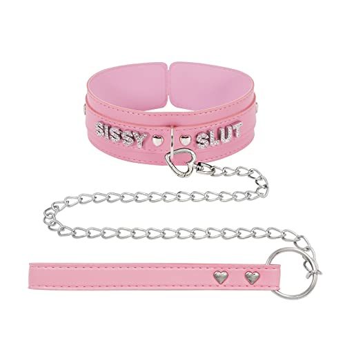 paloli Pink Choker Necklace for Women Leather Collar Fluffy Punk Leash Neck Choker Gothic Cosplay Sexy Jewelries
