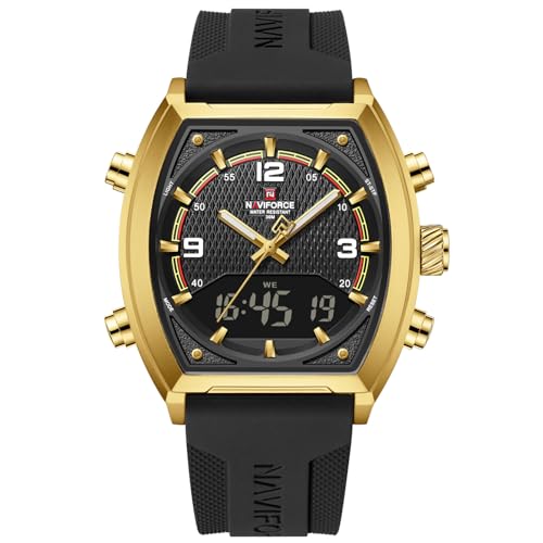 NAVIFORCE Fashion Business Mens Watches,Multifunctional Dual Display Waterproof Wristwatch,Gift Watch for Men (Gold + White + Black)