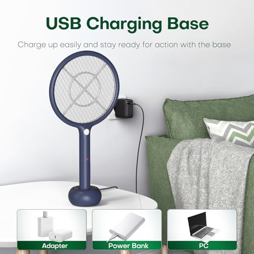 VEGREM-Raqueta-Mosquitos-Electrica-4000V-2-en-1-Matamoscas-Electrico-Lampara-Atrapa-Mosquitos-Base-de-Carga-USB-1200mAh-Bateria-Recargable-Luz-LED-Malla-Protectora-de-3-Capas-Azul