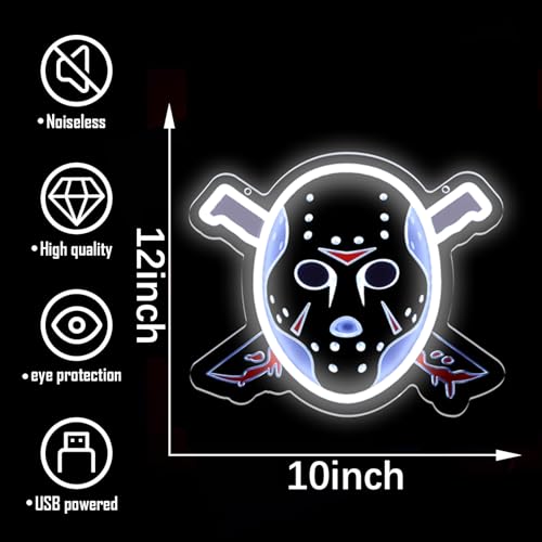 Image of Horror Mask LED Neon Sign, Scary Slasher Jason Neon Light for Wall Decor, 12 * 10 Inches, USB Powered Neon Lamp for Halloween, Bar, Gaming Room, Man Cave, Horror Movie Room Decor