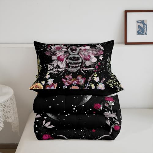 Image of Moon Bee Wildflower Decor Bedding Set for Kids Boys King Size, Girl Bohemian Comforter Set Plant Garden Herbs Leaves Cute Moon Phase Comforter Botanical Floral Soft Quilt Set with 2 Pillowcases