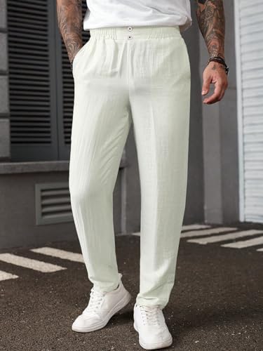 Image of TAGDO Men's Cotton Casual Premium Linen Blend Pants | Lightweight & Breathable Fabric | Elastic Waist with Button | Loose Fit | Perfect for Holidays & Travel (2055)