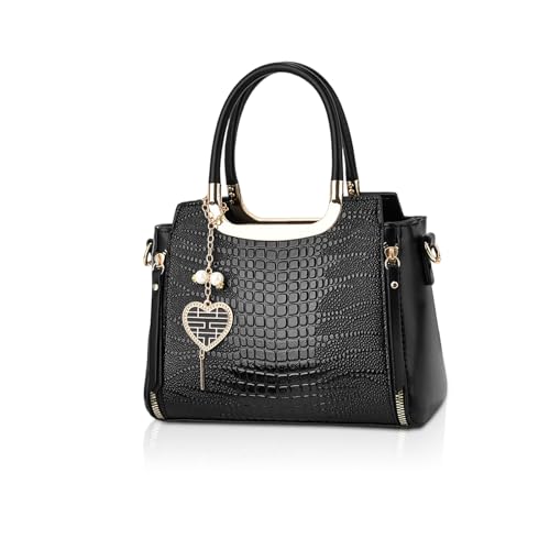 NICOLE & DORIS Ladies Satchel Handbag Women Top Handle Bags Crocodile Hand Bags with Pendant Black