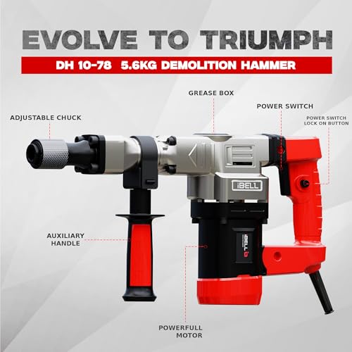 IBELL Demolition Hammer DH10-78, 6Kg, 1150W, Copper Armature, Impact 4100/min, Energy 10J, 17mm HEX Chuck