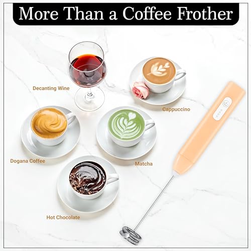 Image of GLUN Portable Coffee Frother Vibe Peach Colour 1 Piece, Type-C Port Rechargeable Handheld Milk Frother with 2-Layer Detachable Steel Whisk, Fast Foam Maker for Latte, Cappuccino & Coffee