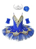 IEFIEL Vestido de Bailarina Ballet Cisne para Niña con Lentejuelas Rendimiento Maillot con Falda Tutú y Corona y Clips Floral Traje de Gimnasia Rítmica Patinaje 4-16 Años A Azul 9-10 años
