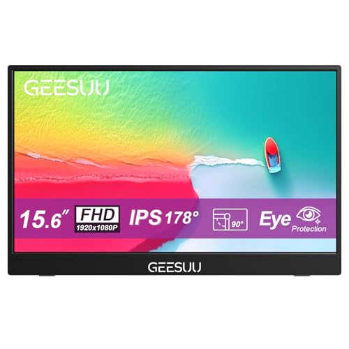 GEESUU 15.6 Inch Monitor Portátil, Pantalla Ordenador IPS, 60Hz PC Segunda Pantalla con Altavoces Integrados, Soporte Giratorio de 90°, HDMI/USB-C/Type-C