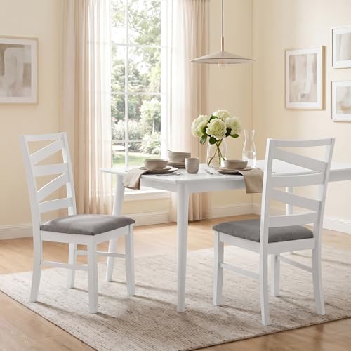 Image of COSTWAY Wooden Dining Chairs Set of 2, Farmhouse Kitchen Side Chair with High Back, Fabric Padded Seat, Armless Chairs for Dining Room, Living Room, Home Kitchen, Restaurant (White & Grey)
