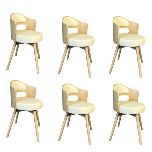 Juego de 6 sillas de comedor giratorias modernas de mediados de siglo con cojín tapizado de piel sintética y patas de madera maciza, color beige