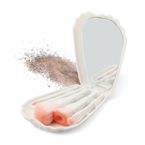 Image of Gleva Travel Size Mini Makeup Brushes Set with Mirror Small Complete Function Cosmetic 5 Pcs Brushes Kit Case Apply to Face Foundation Powder Concealers Eyebrow Eyeshadow (White (Shell Shape))