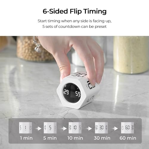Image of EooCoo Pomodoro Cube Timer with Gravity Sensor,1 /5 /10 /30 /60 Minutes Preset,Desk Countup Time with Vibration,Adjustable Modes for Work & Study,Portable Productivity Timer for Focus and Efficiency-White