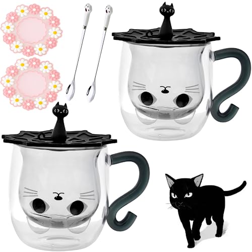Arawat 2 Set Katzen Tasse Glas Doppelwandige Gläser Schwarz Katze mit Henkel Kaffeetasse mit Löffel Untersetzer Kaffeebecher Trinkgläser Katze Gläser Teetasse Espressotassen Geschenk für Frauen
