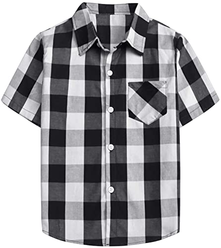 Sangtree Girls Plaid Shirt Summer Short Sleeve Button Down Shirts For Girls，Black White，7-8 Years = Tag 140 #TOP1