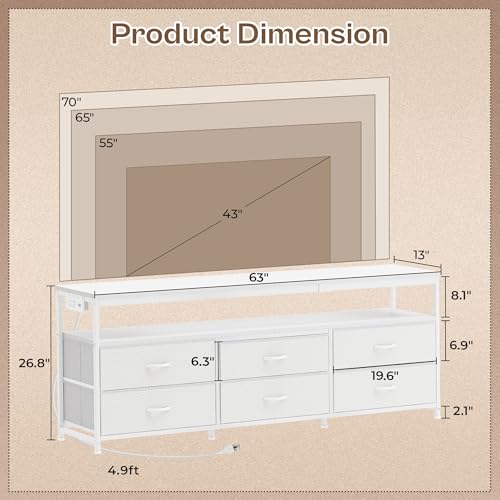 Huuger 63 Inch TV Stand for 55, 65, 70 Inch TV, Long Dresser TV Stand for Bedroom, White LED TV Stand with Power Outlets, Fabric Drawer Dresser with Storage, Entertainment Center for Living Room