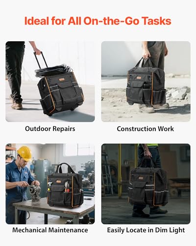 Image of VEVOR 15 inch Rolling Tool Bag, 110 lbs Load Capacity, 25 Pockets Heavy Duty Roller Tool Bag on Wheels, Adjustable Telescoping Handle & Stable Base, Toolbag Organizers w /Wheels for Construction, Mechanic