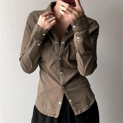 Women Streetwear Cargo Style Blouses Tops Long Sleeve Denim Shirt Pockets Solid Coat3