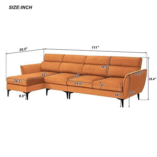 Aty Upholsted L-Shaped Convertible Sectional Sofa With Chaise, Reversible Couch W/Metal Legs, Left/Right Handed Facing, 111 Inch, Livingroom Furniture, Perfect For Apartment, Guestroom,Orange #TOP1