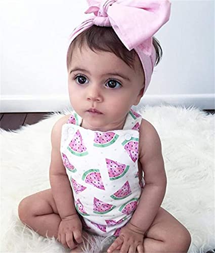 Illikkuyax Baby Girl One Piece Outfits Newborn Bodysuit Sleeveless Romper Watermelon Print Backless Ruffle Clothes With Headband (7-12 Months) #TOP2