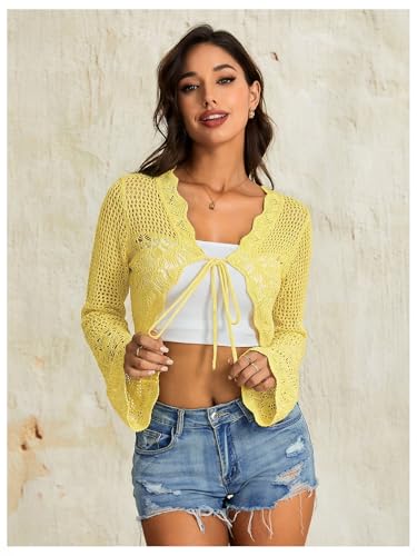 Image of OYOANGLE Women's Crochet Tie Front Sweater Cardigans Bell Sleeve Knitted Cropped Bolero Shrug Cardigan