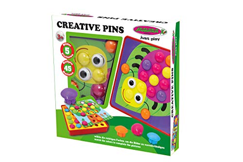 JAMARA 412723 Creativ Pins 52 TLG. Set A-5 Verschiedene Motivkarten. farbig sortierte Stecker, fördert motorische Fähigkeiten, Farben und Formen Lernen, praktische Kunststoffbox, bunt
