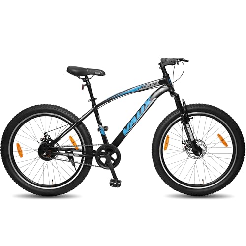 Image of Vaux Blaze 26 inch Cycle for Boys with Dual Disc Brakes, Single Speed MTB Bicycle for Men & Women with Age 12+ Years, with Front Suspension, Steel Frame, Alloy Rims & 26x2.40 Fat Tyres (Black)