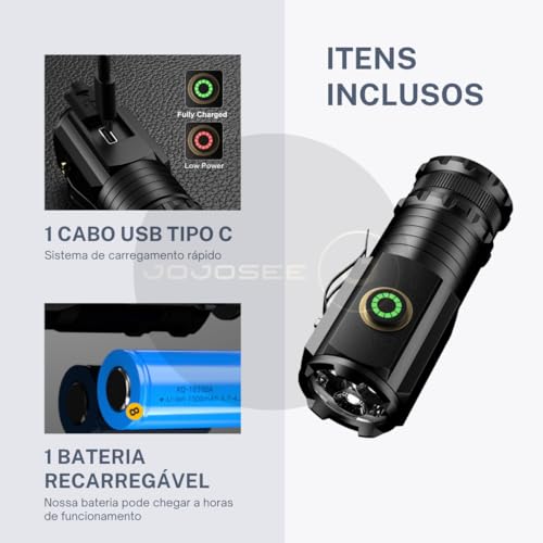 Lanterna Ultra Potente 3000 Lumens, Compacta 8cm, Alumínio, Imã Traseiro, Clip de Metal, Ideal para