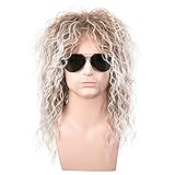 Morvally Men’s 80s Style Wigs | Long Curly Silver Mixed Brown Synthetic Hair | Heavy Metal, Glam Rock-Rocker Wig | Perfect for Halloween, Cosplay, DIY Themed Costume Party