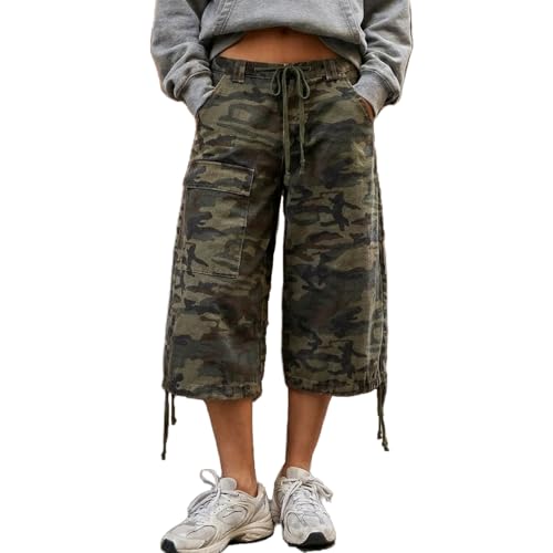 Mxiqqpltky Y2K Cargo Jean Shorts Women Summer Camouflage Print Drawstring Low Rise Baggy Denim Shorts Casual Jorts Streetwear (Army Green M)