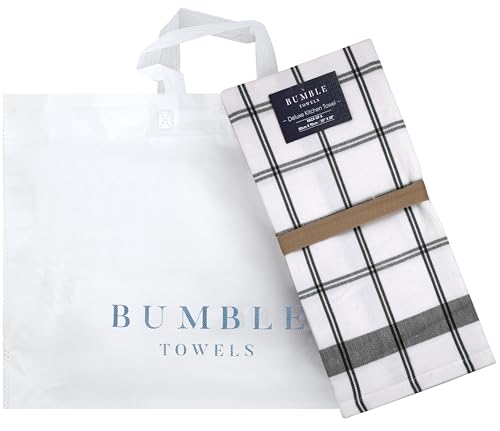 Premium Kitchen Towels (20”x 28”, 6 Pack) | Large Cotton Dish Towels | Flat & Terry Highly Absorbent Kitchen Linen Set with Hanging Loop | Black Check