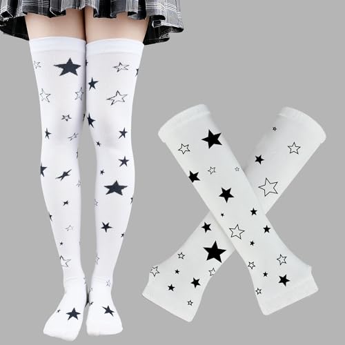 Image of YELAIVP Over Knee Rainbow Thigh High Socks Gloves Set Cosplay Accessories Arm Leg Warmers for Girls