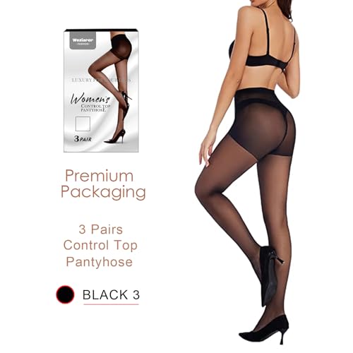 Image of Weziarer 3 Pairs Women's Control Top Pantyhose-20D Sheer Tights with Reinforced Toes (Black,S)