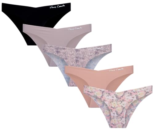 Vince Camuto Women's Bikini Underwear - 5 Pack Ultra Soft & Breathable Seamless Sexy Lingerie Panties for Women, Size X-Large, Flower/Rose/Geometric/Black/Ash