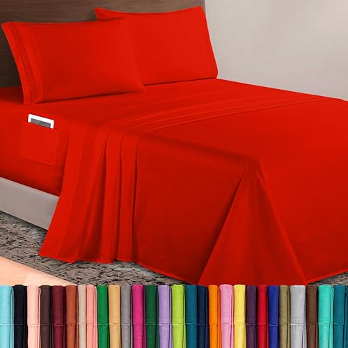 Image of Elegant Comfort Luxurious 1500 Premium Hotel Quality Microfiber 4-Piece Sheet Set, 18-24 Inches Deep - Extra Deep Pocket Sheets - Ultra Soft 4PC Deep Pocket Sheets, Twin /Twin XL, Red