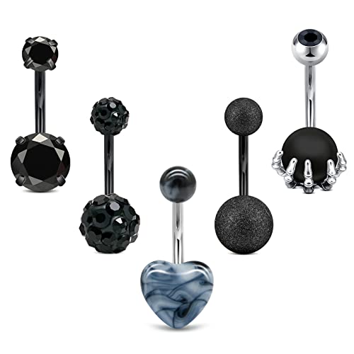 JFORYOU 14G Schwarz Bauchnabelpiercing 10mm Bauchpiercing 5 Stil CZ Nabelpiercing Bauchnabelstab Bauchnabelring Cover