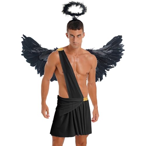 Riismen Engel Kostüm Herren Chiffonrock Mit Engel Flügel und Heiligenschein Festival Party Outfit Halloween Karnevalskostüm Mottoparty Schwarz L