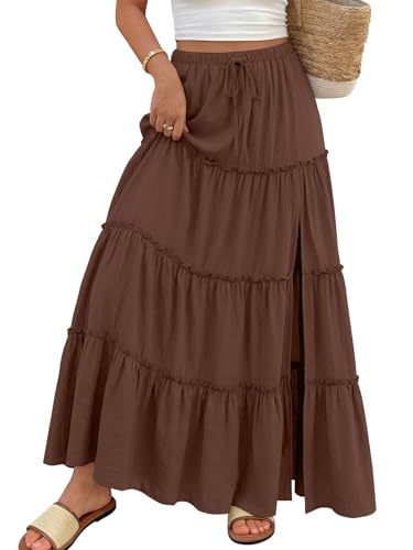 Trendy Queen Long Skirts for Women Slit Maxi Boho Skirt Summer Vacation Outfits A-Line Dress with Pockets Fashion Clothing Brown S