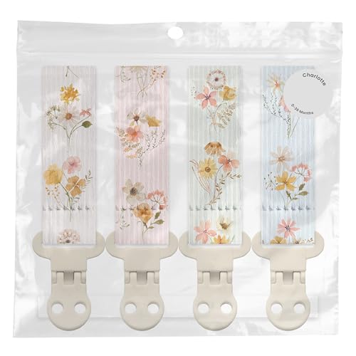 Image of Stadela Baby Fabric Pacifier Clip Holder, Plastic Clip, 4‑Pack, Wildflowers Pattern, Charlotte Set