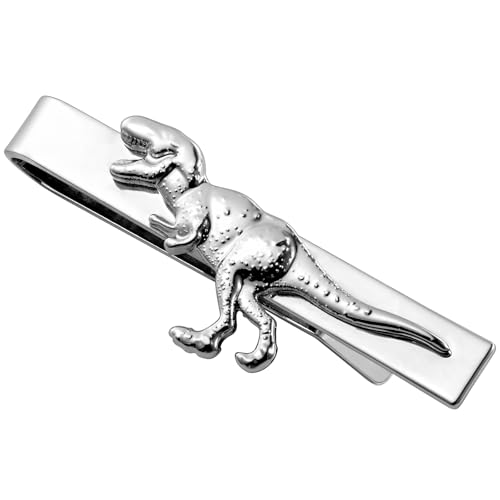 HAWSON 2 Inch Men's Jurassic Dinosaur Tie Clip Silver Tie Bar for Wedding, Paleontology Events, Cosplay Fossil-Inspired Groomsmen Accessories & Collector Gifts