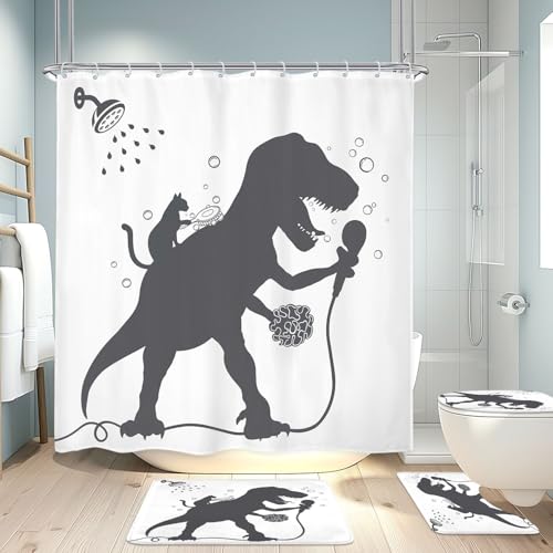 Image of 4PCS Kids Funny Dinosaur 71Wx71H Inches Boys Men Dino Cat Animal Shadow Shower Curtain Sets with Rugs, Toilet Lid Cover and Bath Mat, Cute Bath Accessories Art Home Decor Fabric 12 Pack Hooks