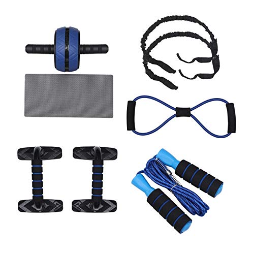 Bajie - Rullo addominale per addominali e corda per saltare senza rumore, ruota addominale, con tappetino 6 in 1, per braccio, vita, gambe, esercizi, palestra, attrezzatura fitness, colore blu