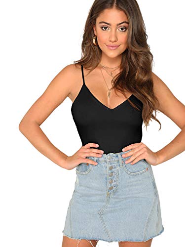 SheIn Women's Casual Basic V Neck Sleeveless Stretchy Regular Length Cami Tank Top Spaghetti Strappy Cami Tops Black X-Small