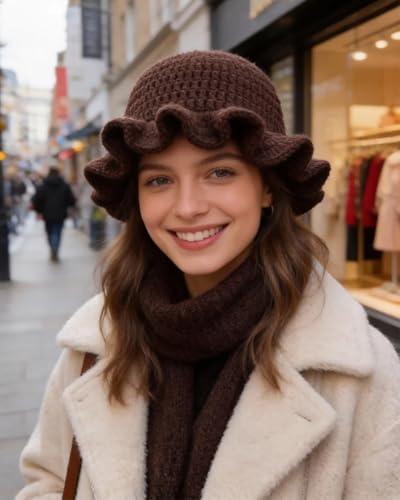 Image of Women Crochet Bucket Hat Cute Winter Ruffled Brim Floppy Cap Handmade Knit Cloche Hats