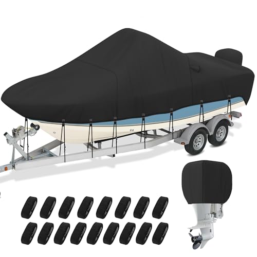NOOKAT Center Console Boat Cover 17-19ft 1200D Waterproof Boat Cover with Motor Cover Trailerable Boat Cover for Center Console Boat Heavy Duty Marine Grade UV Resistant Polyester Fabric Black