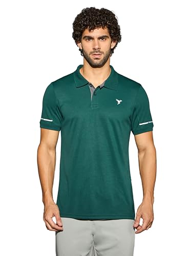 Image of TECHNOSPORT Men's Solid Slim Fit Polo Collar T-Shirt TECHNOCOOL+ Half Sleeve Button Polyester for Gym Running Workout UPF50+ Anti Odour