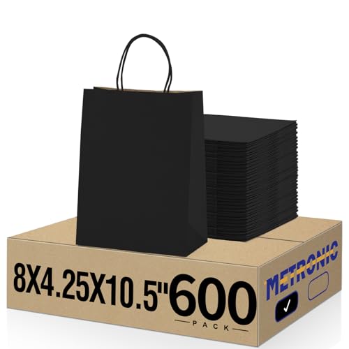 METRONIC 600 Pcs Black Paper Gift Bags with Handles 8x4.25x10.5 Inch Bulk