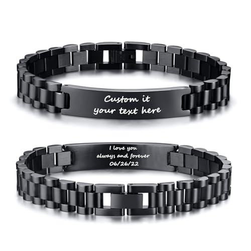 Personalized Engraved Bracelet for Men - Free Engraving Customized Bracelets,Hypoallergenic Stainless Steel Watch Band Link Chain Wristband,Trendy Adjustable Customizable Bracelet Jewelry for Women