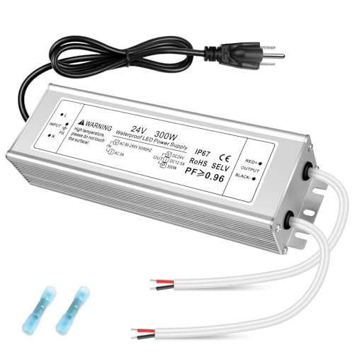 Image of 24V 300W LED Power Supply, IP67 Waterproof LED Driver, AC 110V to DC 24 Volt 12.5A Low Voltage Transformer Converter for Outdoor LED Strip & Landscape Lighting, 3-Prong Plug with 3.3FT Cable