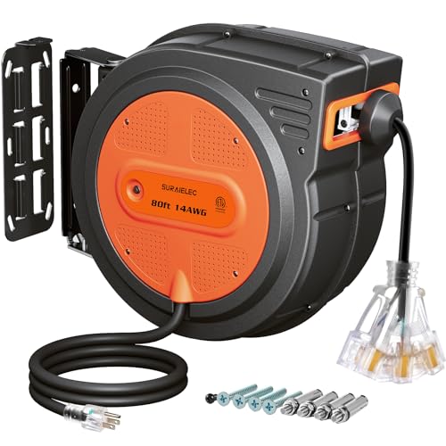 SURAIELEC 80 FT Retractable Extension Cord Reel 14 AWG SJTOW Power Cord for Garage & Workshop 10A Circuit Breaker Wall/Ceiling Mount Upgraded Anti-Tangle Roller Design ETL Listed Orange